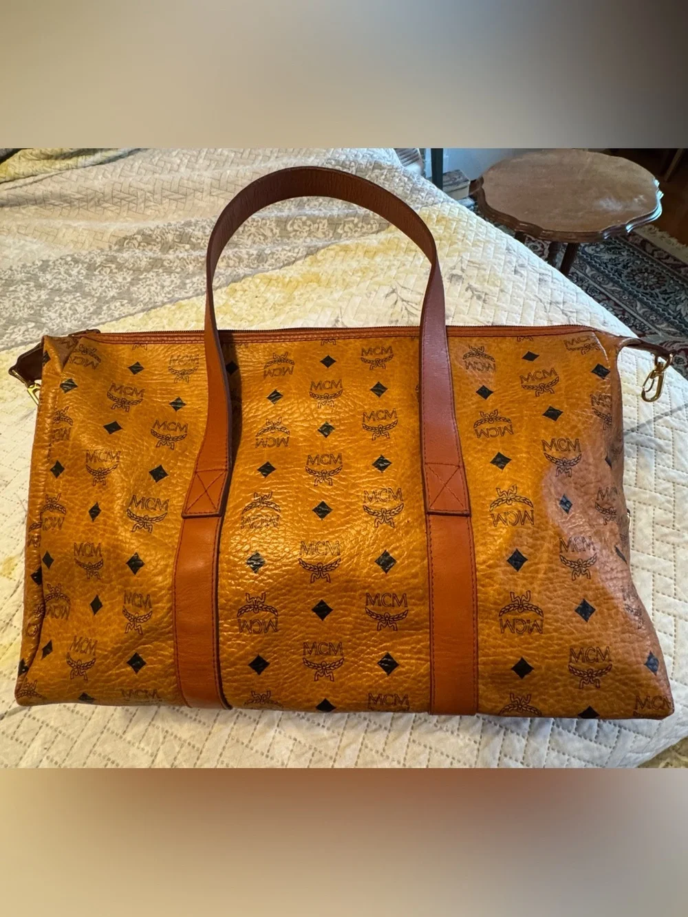 EUC MCM Visetos Leather Duffle Bag in Cognac Brown No Crossbody Strap